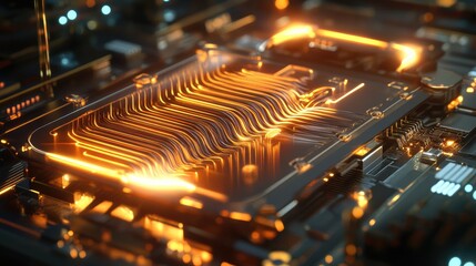Artistic visualization of a quantum processor with golden pathways and flowing neon light trails