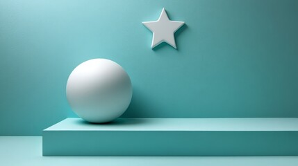 A minimalistic illustration featuring a white sphere and a star against a turquoise backdrop