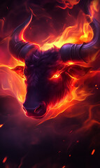 A fiery representation of a bull's head, symbolizing strength and power amidst vibrant flames.