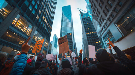 Obraz premium Labor Disputes Demonstration in Urban Cityscape with Diverse Protests and Signs