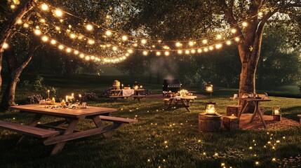 Obraz premium A rustic garden party setup with string lights, a barbecue, and picnic tables
