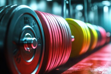 Fototapeta na wymiar Colorful weight plates arranged in a gym for weightlifting and strength training activities