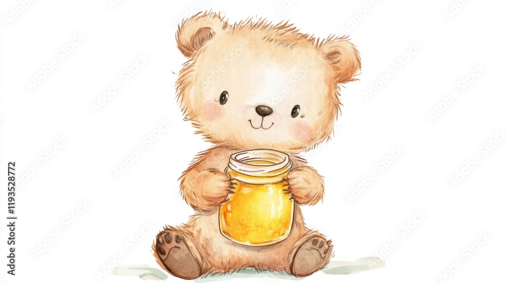Poster cute illustrated bear holding a jar of honey with a joyful expression in a colorful and whimsical st