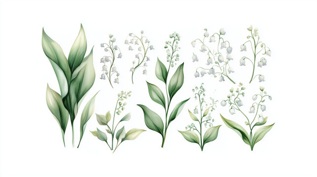 Watercolor set of white lily of the valley flowers isolated on white background