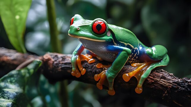 Vibrant Red Eyed Tree Frog Perched On Branch
