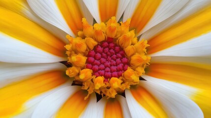 Macro shot of yellow white flower with vivid red center closeup image. Vibrant bloom, orange pollen cluster. Floral close up photography. Botanical concept photo realistic