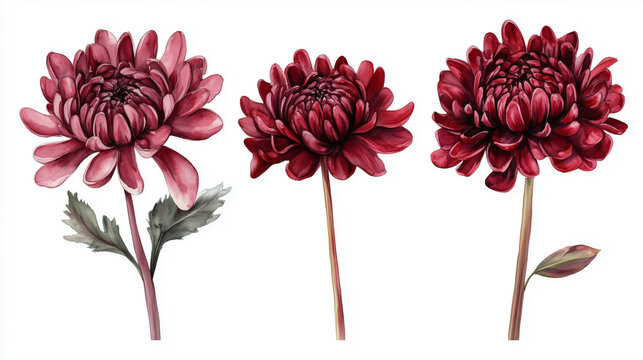 Watercolor set of maroon chrysanthemums flowers isolated on white background