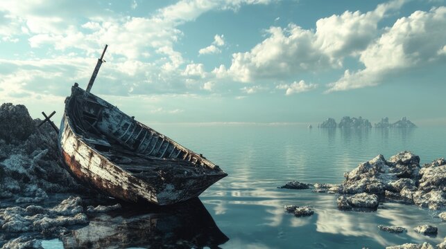 \old abandoned wooden boat on a rocky shore with calm water and cloudy sky in the background
- Powered by Adobe
