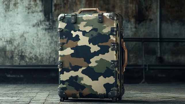 Camouflage patterned suitcase stands on a pavement