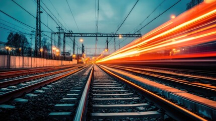 Fototapeta premium high speed train light trails on railway tracks during evening with motion blur and urban background 