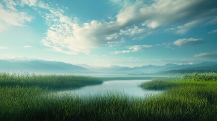 Obraz premium serene lake landscape with green grass under a blue sky and white clouds in a peaceful natural setting 