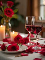 Decoración Romántica Para El Día De Los Enamorados Incluye Corazones, Vino Tinto Y Velas En Un Ambiente Acogedor. 00002