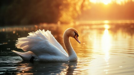 Swan at Golden Hour: A majestic white swan glides serenely across the calm surface of a lake, bathed in the warm golden light of the setting sun.