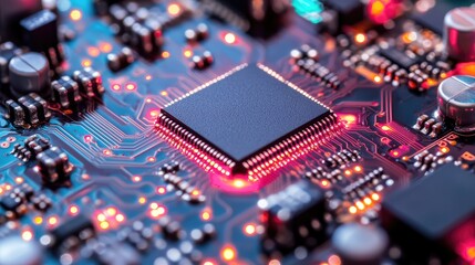 Obraz premium Close-up of a high-tech computing circuit board with intricate designs and glowing data pathways