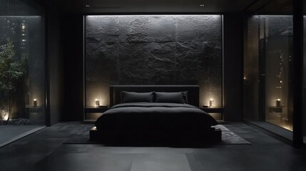 Dark Minimalist Bedroom Design with Stone Wall