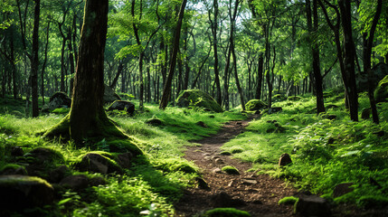 Obraz premium Serene Forest Path in Lush Green Woods