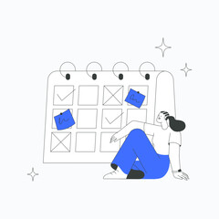 Woman scheduling tasks on a large calendar in flat vector illustration symbolizing time management, productivity, and organization, isolated on white background.