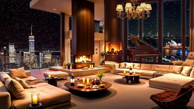 cozy room with fireplace seamless looping animation video background