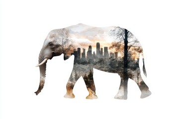 Obraz premium Majestic elephant silhouette against a vibrant city skyline at dusk with nature blending seamlessly into urban life. Generative AI