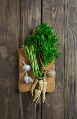 Healthy food concept. Dill, parsley. Fresh of green Asparagus. Cooking healthy meal. Bunches of green asparagus top view
