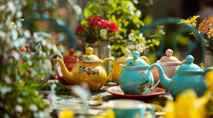Colorful Floral Teapots and Cups in Garden Setting