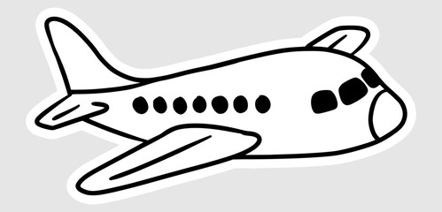 cute hand drawn airplane illustration in black line art stylesticker shape