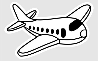 cute hand drawn airplane illustration in black line art stylesticker shape