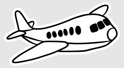 cute hand drawn airplane illustration in black line art stylesticker shape