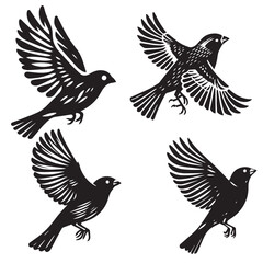 Fototapeta premium A minimalist, beautiful linocut illustration of a flying Grosbeak bird in silhouette. This black vector artwork captures the elegant form and graceful movement of the bird.
