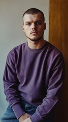 Obraz premium Young man in a purple sweater sitting against a wooden wall in a modern indoor setting during daylight