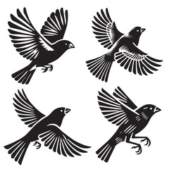 
A minimalist, beautiful linocut illustration of a flying Grosbeak bird in silhouette. This black vector artwork captures the elegant form and graceful movement of the bird.