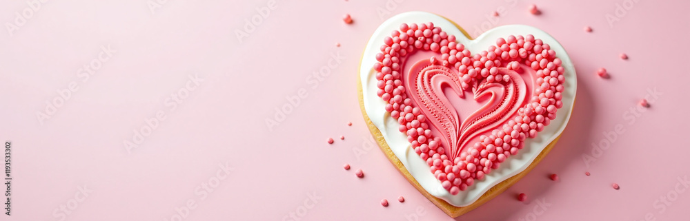Aufkleber pastel pink background features a delicate heart design made from red sugar, surrounded by creamy wh
