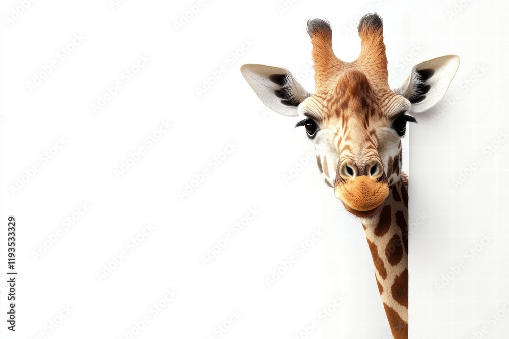 Aufkleber giraffe curiously peeking around a corner in a playful and whimsical illustration. generative ai