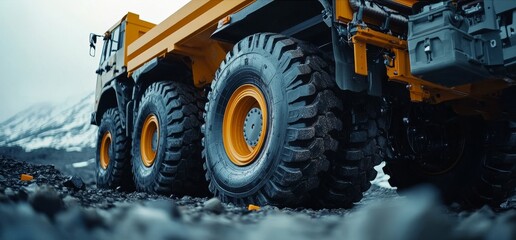 Close-up of a heavy-duty truck's tires and rear section on rugged terrain, showcasing the vehicle's robust design