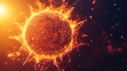 A hologram of the sun. The sun icon consists of polygons, triangles of points and lines. The sun icon is a low-poly compound structure. Technology concept vector.