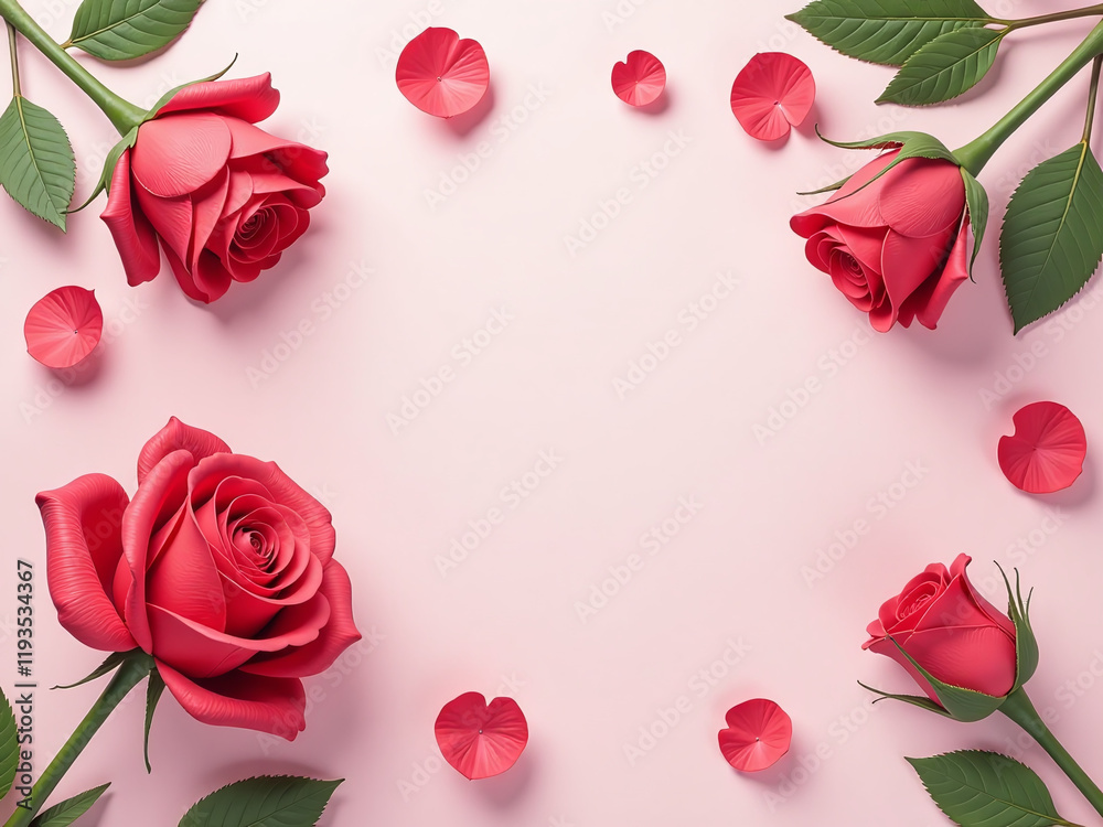 Poster red roses illustration on a flat lay background with soft pastel colors in a creative concept. 00002