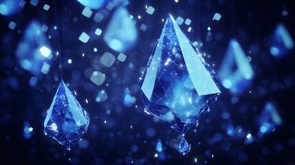 Abstract Blue Crystalline Structures Falling Through Space