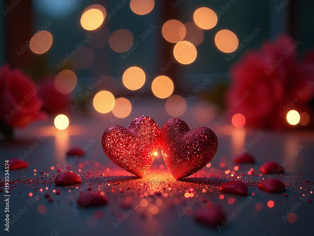 Poster Romantic Evening Setting Features Twinkling Lights, Sparkling Glitter, Shimmering Hearts, And A Soft Bokeh Effect In The Background. 00001