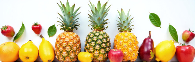 Fototapeta premium Ripe Juicy Pineapples Sit Atop A White Background Surrounded By Other Tropical Fruits In A Colorful And Vibrant Food Concept. 00001