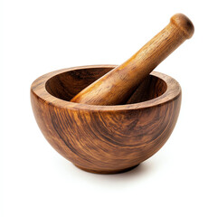 A rustic wooden mortar and pestle, perfect for grinding spices and herbs in culinary preparations.
