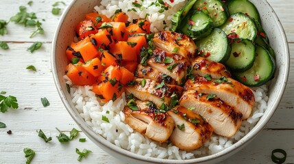 Minimalist Presentation of Rice, Chicken, and Vegetables in a Bowl on White Wooden Table