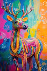 Colorful deer sculpture stands against a vibrant, abstract background showcasing bright hues and intricate patterns