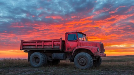 A vintage red dump truck silhouetted against a vibrant sunset with dramatic clouds