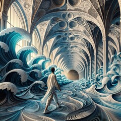 Fototapeta premium A person walks through an ornate corridor where blue waves fill the space. Light streams through tall arched windows, casting intricate shadows that blend with the architectural details. (Gen, A.I.)