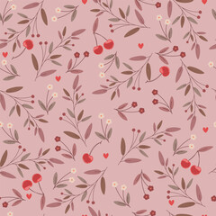 Fototapeta premium Seamless pattern with leaves, flowers and cherry. Floral illustration with berry and hearts. 