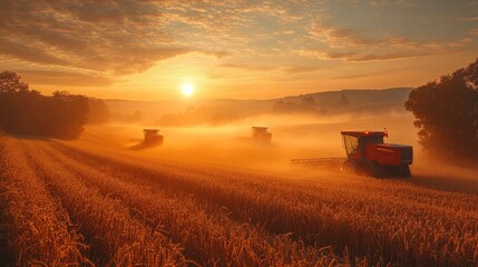 Fototapeta premium Majestic Early Morning Harvest Scene with Combines in Golden Sunrise Light over Rolling Fields and Misty Landscape