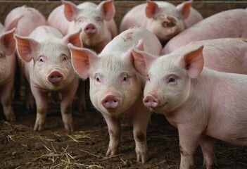 Three little pigs are standing in the dirt and gazing at the camera
