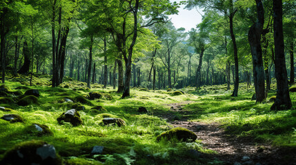 Obraz premium Enchanted Forest Pathway: Lush Green Canopy and Mossy Stones