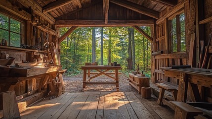 A rustic open-air workshop with wooden benches, tools, and a view of the forest