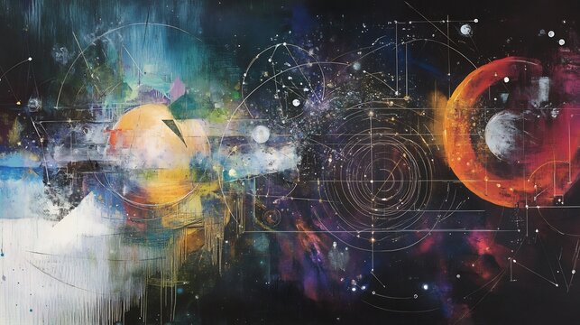 Juxtaposition of moral relativism nihilism depicted through abstract art and cosmic diagrams symbolizing contrasting views on ethics and existential meaning